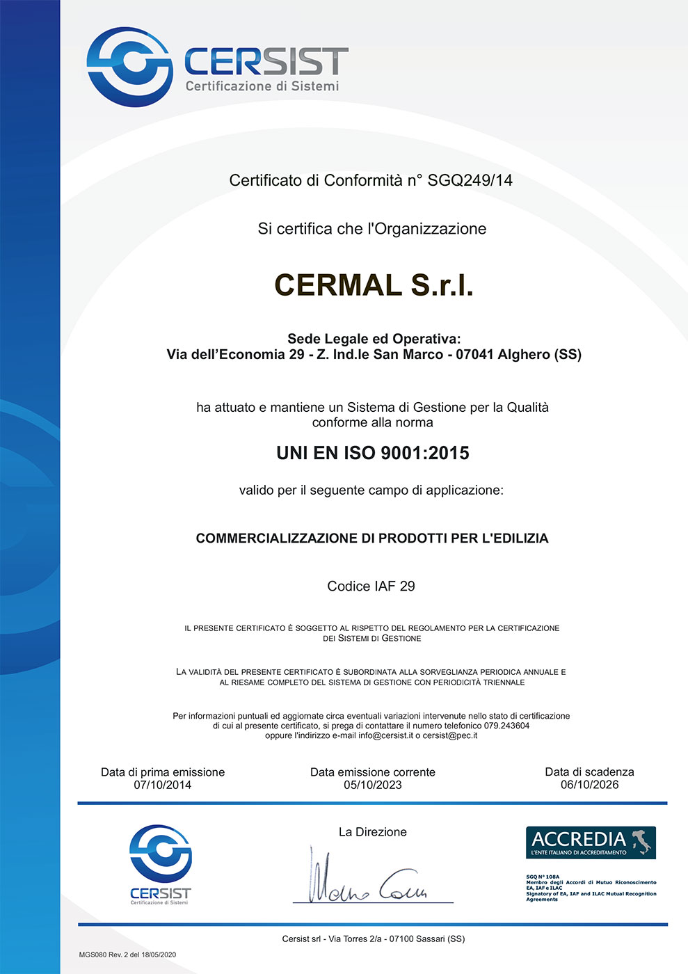 Certificazioni di Qualità | Cermal Manufatti in Cemento Alghero