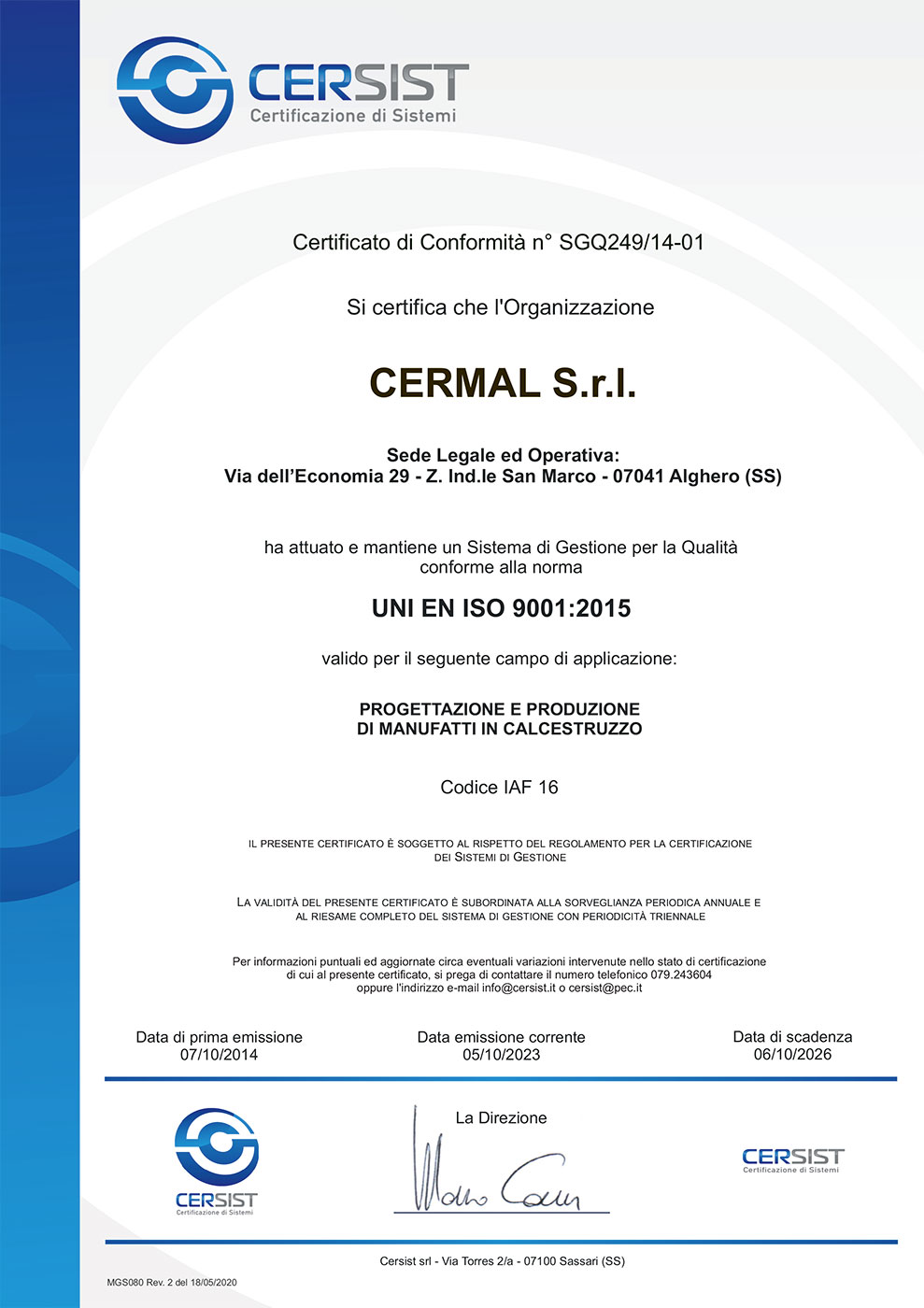 Certificazioni di Qualità | Cermal Manufatti in Cemento Alghero